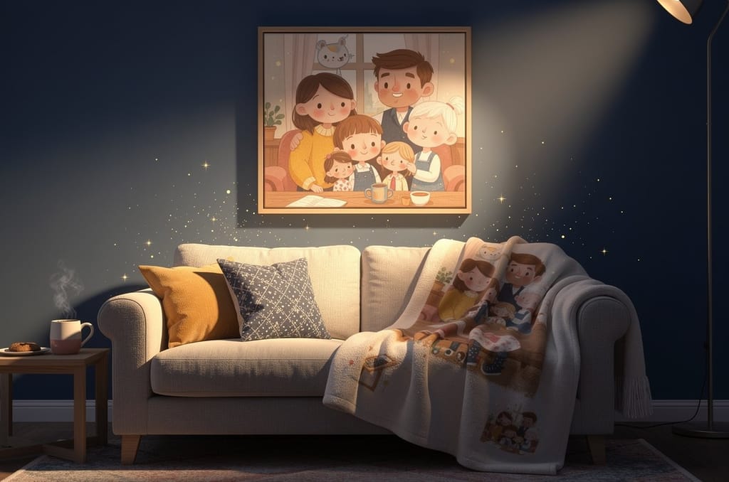 A cozy living room with a family-portrait fleece blanket draped over a couch and a matching framed canvas of the same family illustration on the wall above
