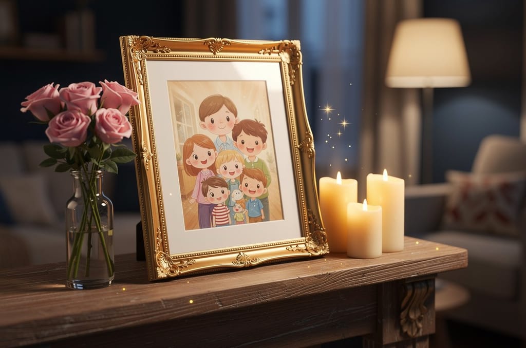 A gold-framed illustrated family portrait keepsake resting on a mantel beside pink roses and candles in warm lamplight, an anniversary gift for parents from The Curious Thing
