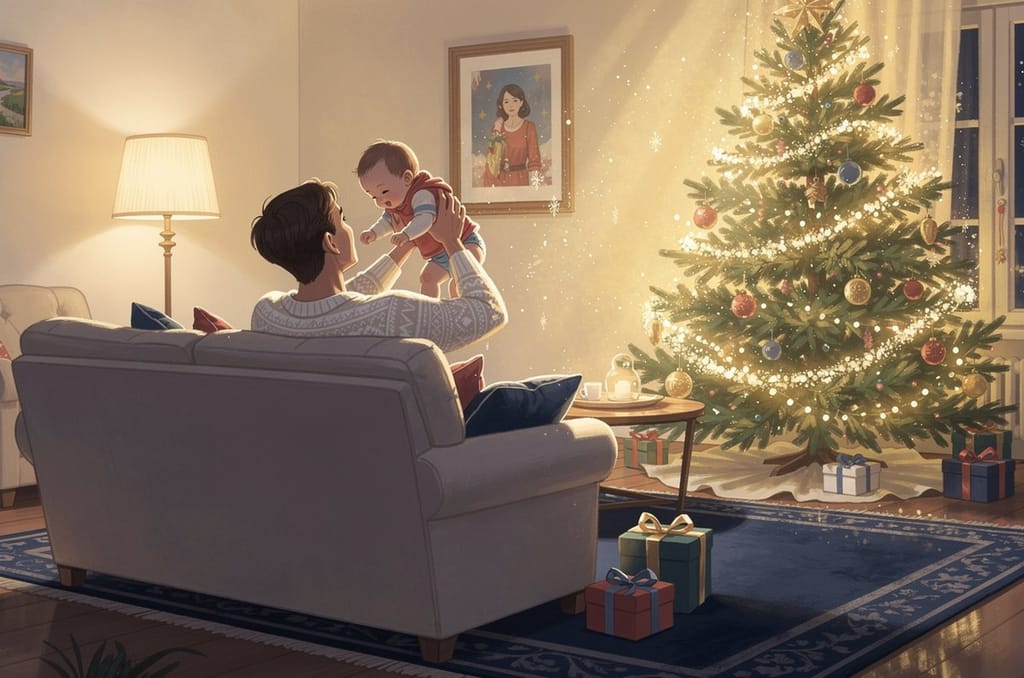 A laughing baby held up by a parent in a warm lamplit living room at Christmas