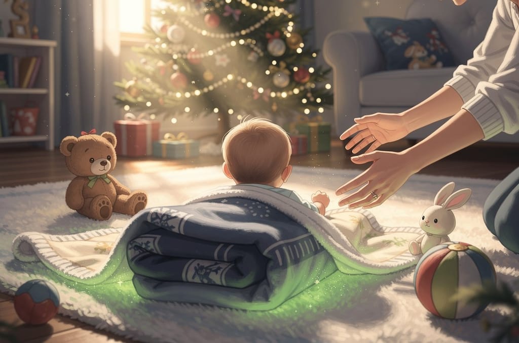 A baby seen from behind on the living room floor beside a folded fleece blanket near a lit Christmas tree