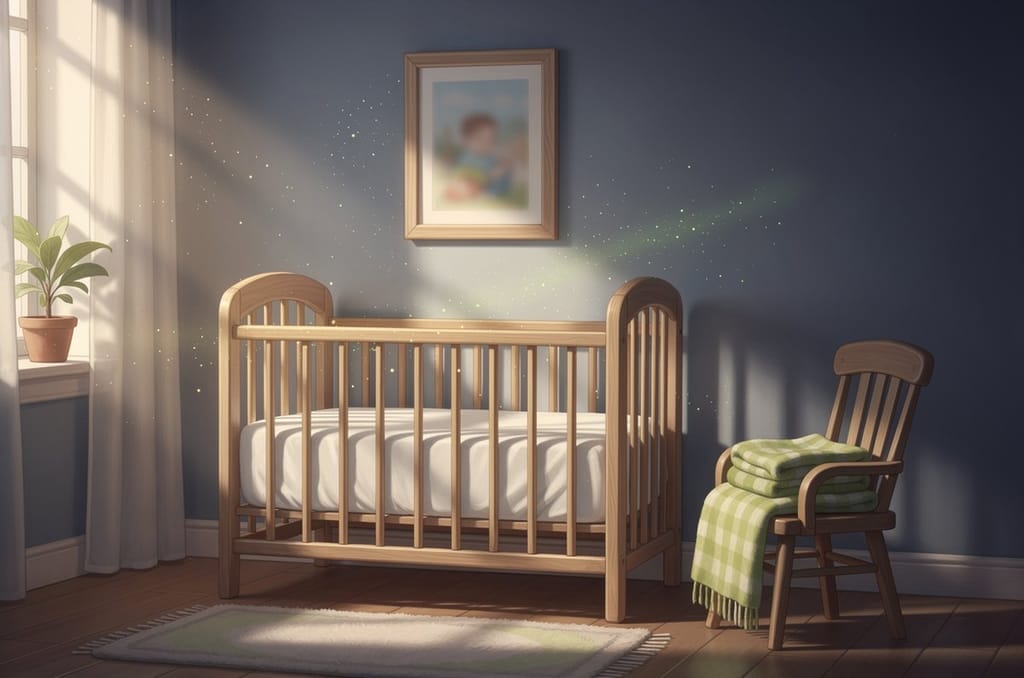 A nursery wall with a framed portrait hung low at crib height above a crib holding only a fitted sheet