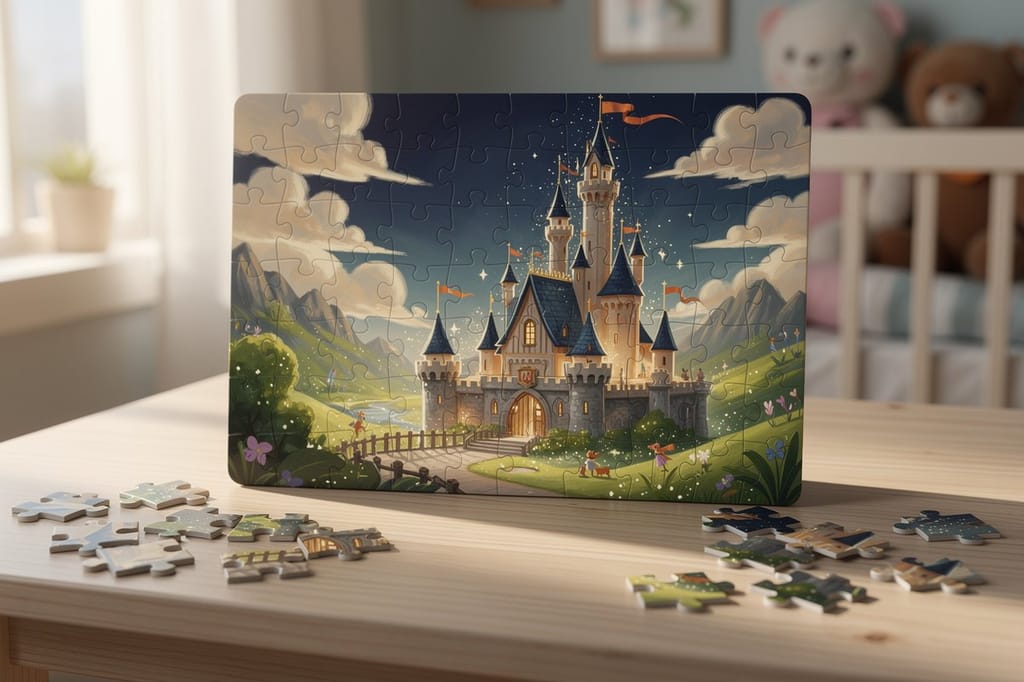 A finished children's castle jigsaw puzzle on a cozy table with loose pieces beside it, a custom photo puzzle keepsake