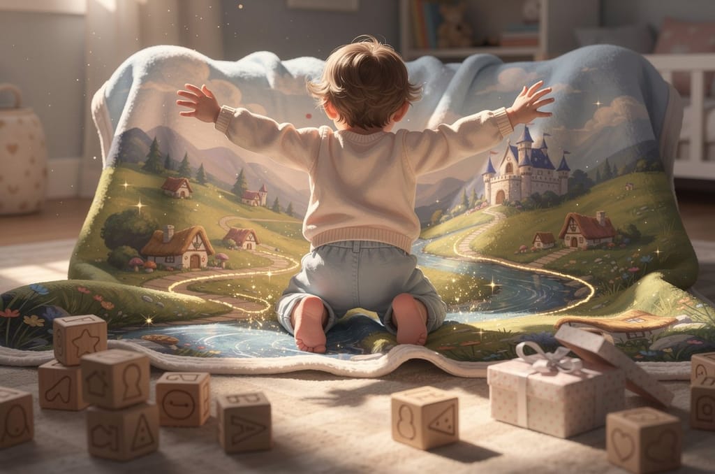 A two-year-old mid-laugh on a soft blanket printed with a glowing storybook world, wooden blocks and a wrapped gift nearby