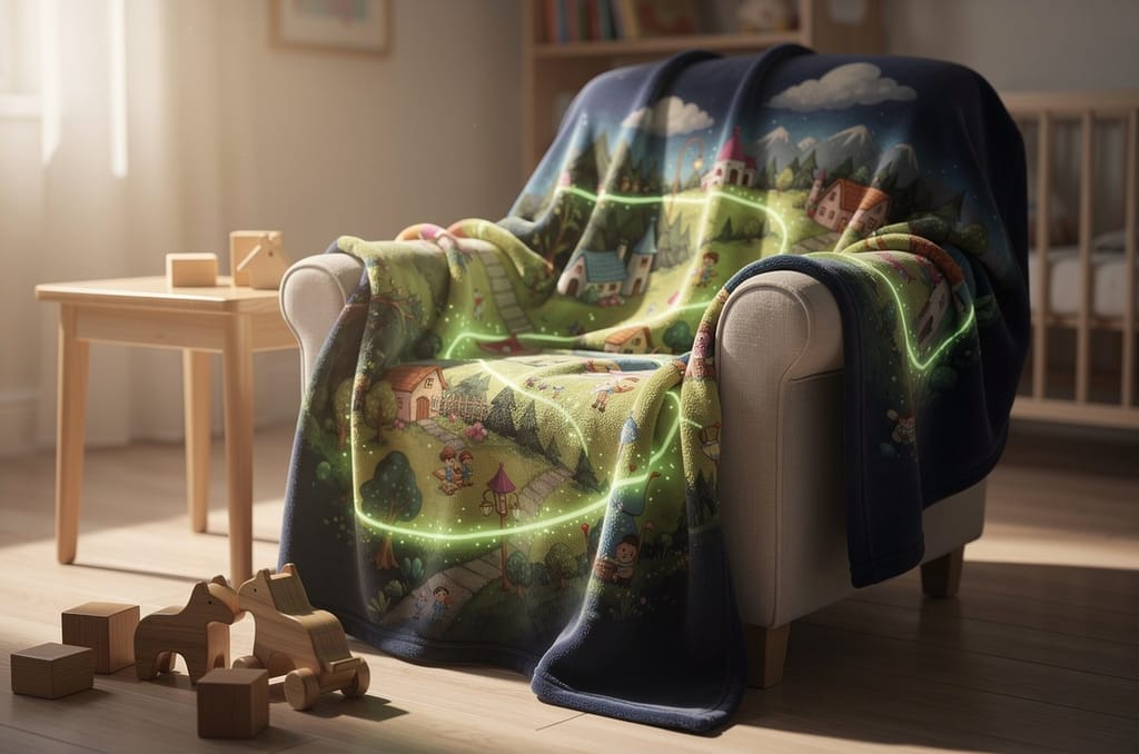 A soft fleece blanket printed with a child painted as the hero of a glowing adventure world, draped over a nursery chair
