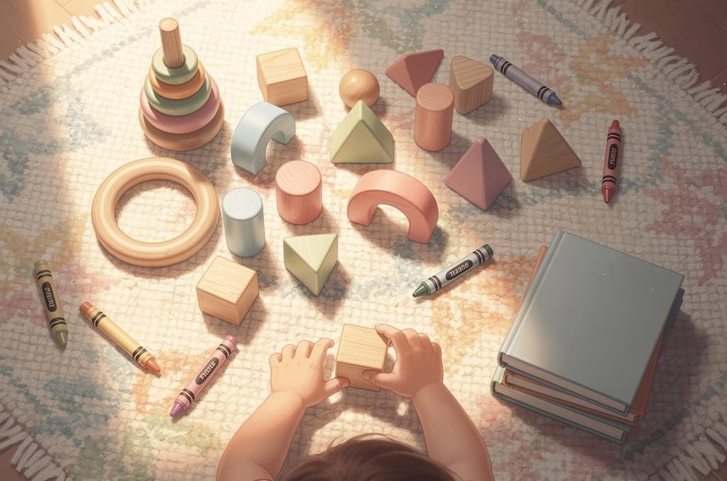 Chunky wooden blocks, board books and jumbo crayons arranged on a bright rug beside a toddler's hands