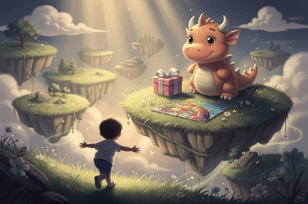 A three-year-old seen from behind with arms wide, stepping into a glowing storybook world of floating islands and a friendly dragon, a wrapped gift and a finished puzzle beside them