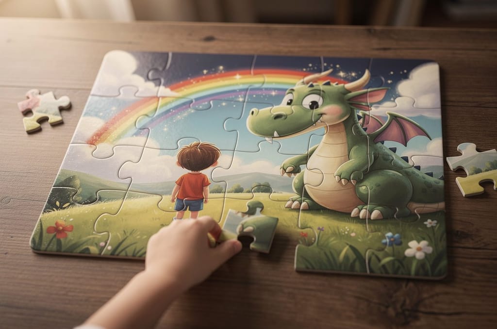 A child's hand placing a piece into a personalized jigsaw puzzle on a table, the puzzle showing a young child seen from behind meeting a friendly dragon under a rainbow