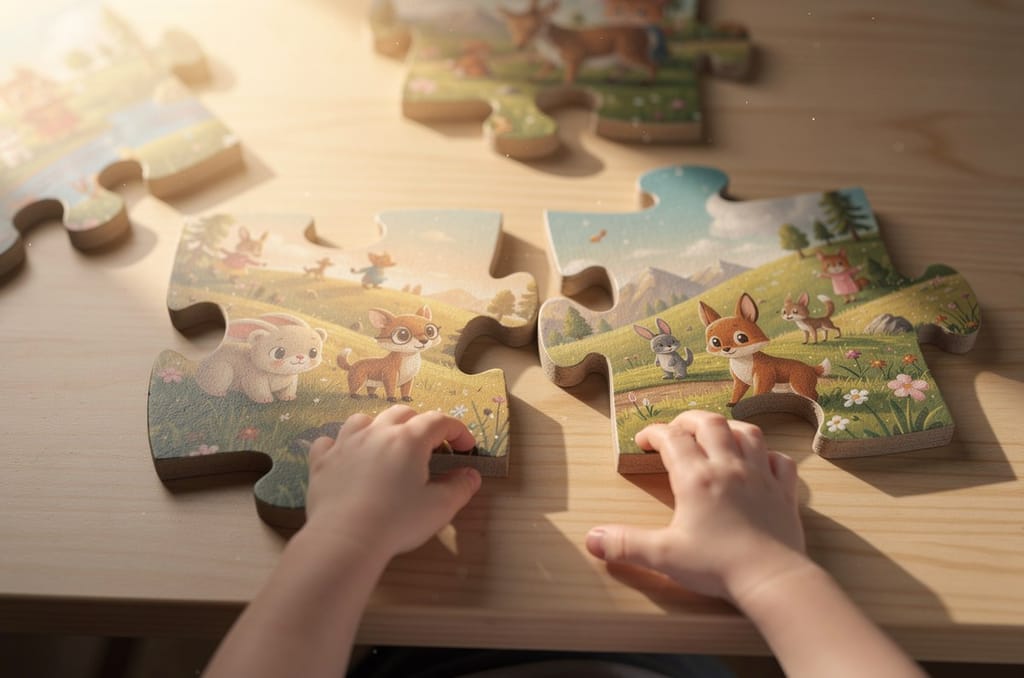 A young child's hands fitting together large, chunky jigsaw puzzle pieces of a colorful storybook scene on a table