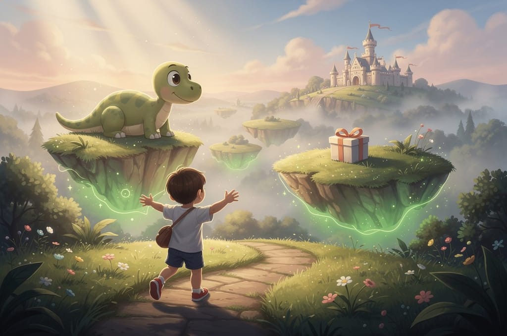 A four-year-old seen from behind with arms wide, stepping up a path into a glowing storybook world of floating islands and a friendly dinosaur, with a wrapped gift on a nearby floating island