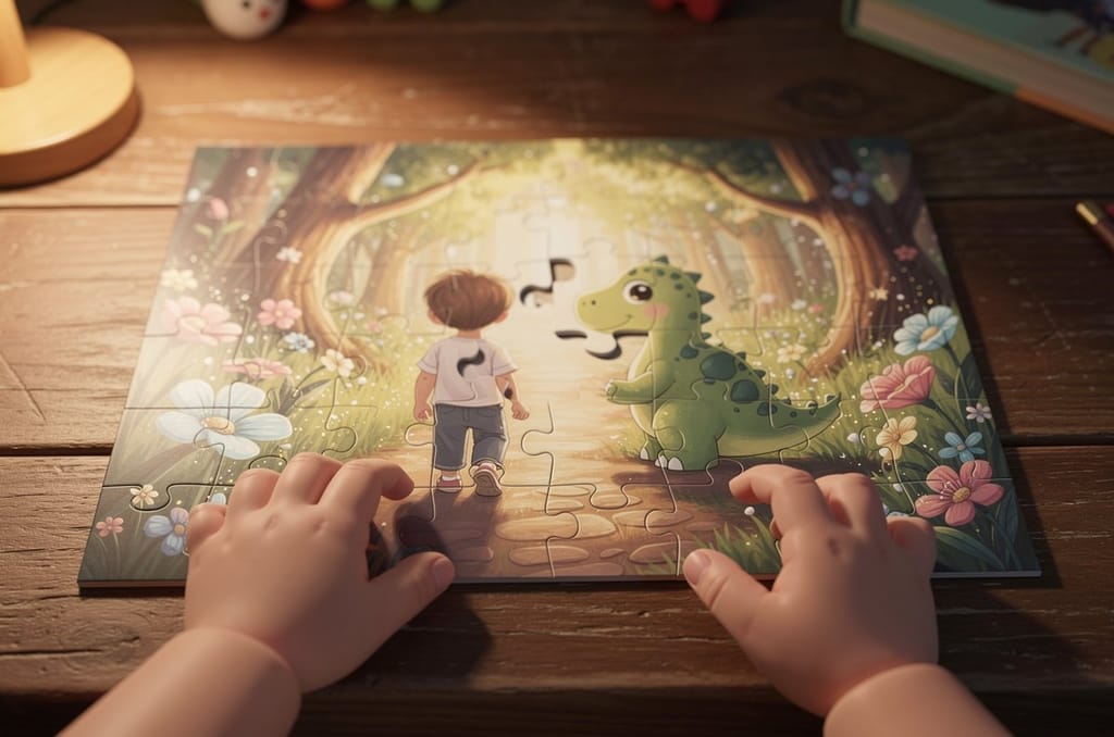 A child's hand placing a piece into a personalized jigsaw puzzle on a table, the puzzle showing a young child seen from behind exploring a glowing world with a friendly dinosaur