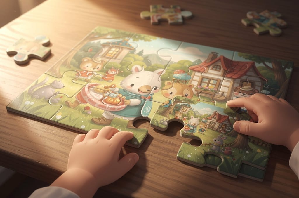 A young child's hands fitting together large, chunky jigsaw puzzle pieces of a colorful storybook scene on a table