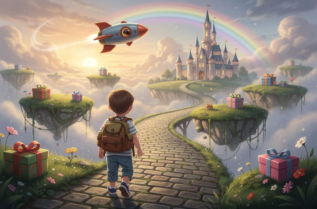A five-year-old seen from behind wearing a small backpack, stepping along a path toward a glowing storybook world of floating islands, a rocket, and a distant castle, with a wrapped gift resting on a nearby ledge
