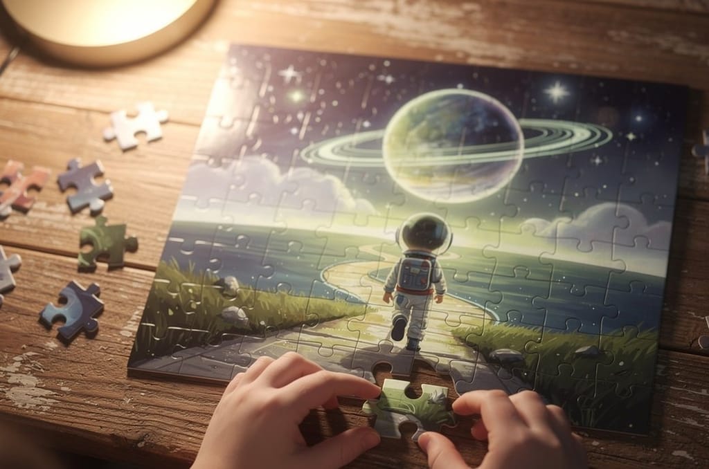 A child's hands placing a piece into a personalized jigsaw puzzle on a table, the puzzle showing a young child seen from behind as an astronaut walking toward a glowing planet