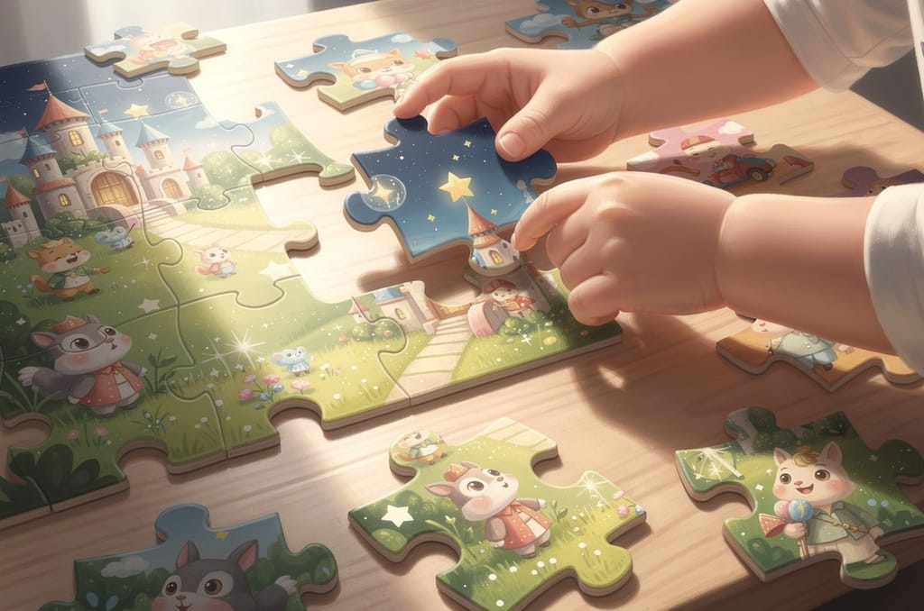 A young child's hands fitting together jigsaw puzzle pieces of a colorful storybook scene on a table, with more pieces spread out around it