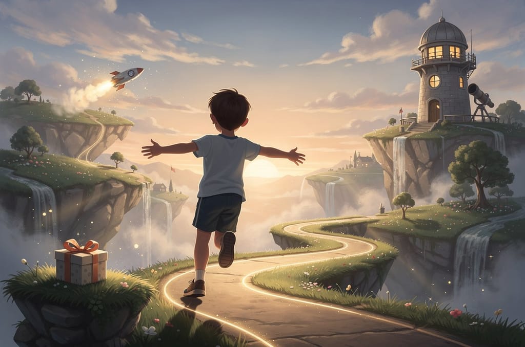 A seven-year-old mid-stride on a path into a glowing adventure world of floating islands and a distant rocket, arms out, with a wrapped gift on a ledge nearby