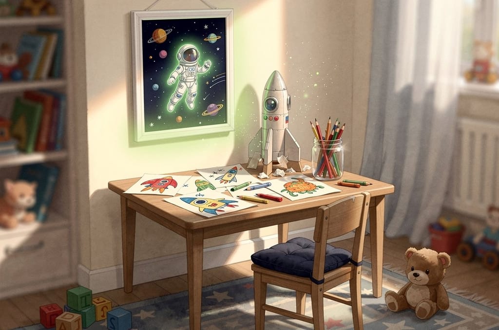 A bright child's bedroom with a framed portrait of a young astronaut on the wall above a desk scattered with drawings and a half-built model