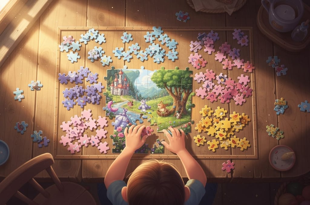 Overhead view of a child sorting jigsaw pieces into color piles around a partly assembled puzzle, hands reaching in to place a piece