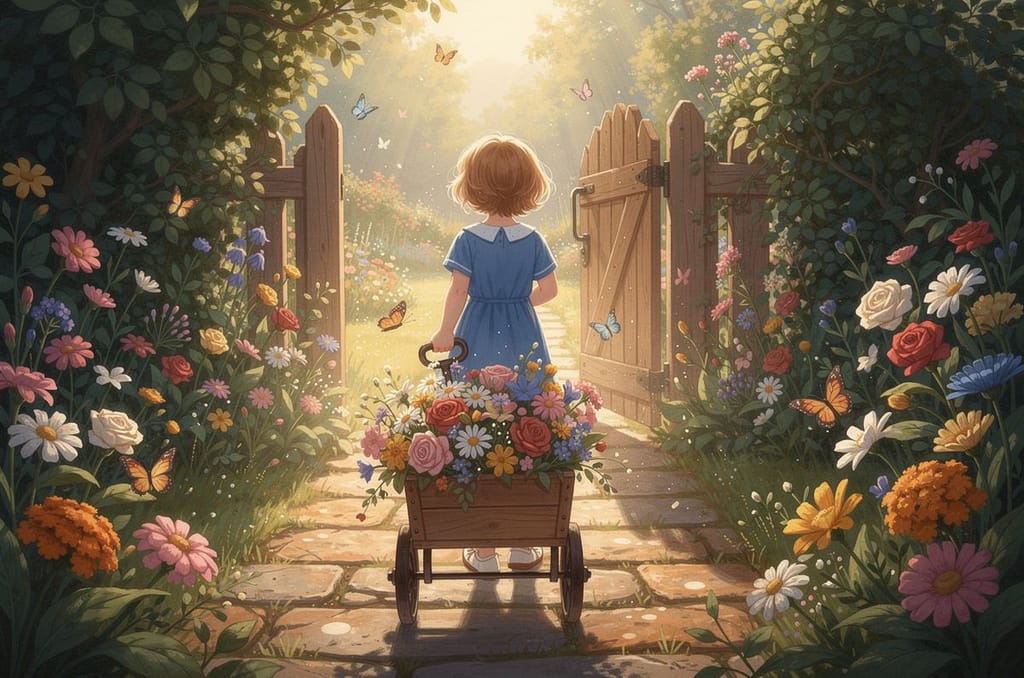 Child seen from behind pulling a small wooden wagon piled with roses, daisies and asters through a sunny cottage-garden gate