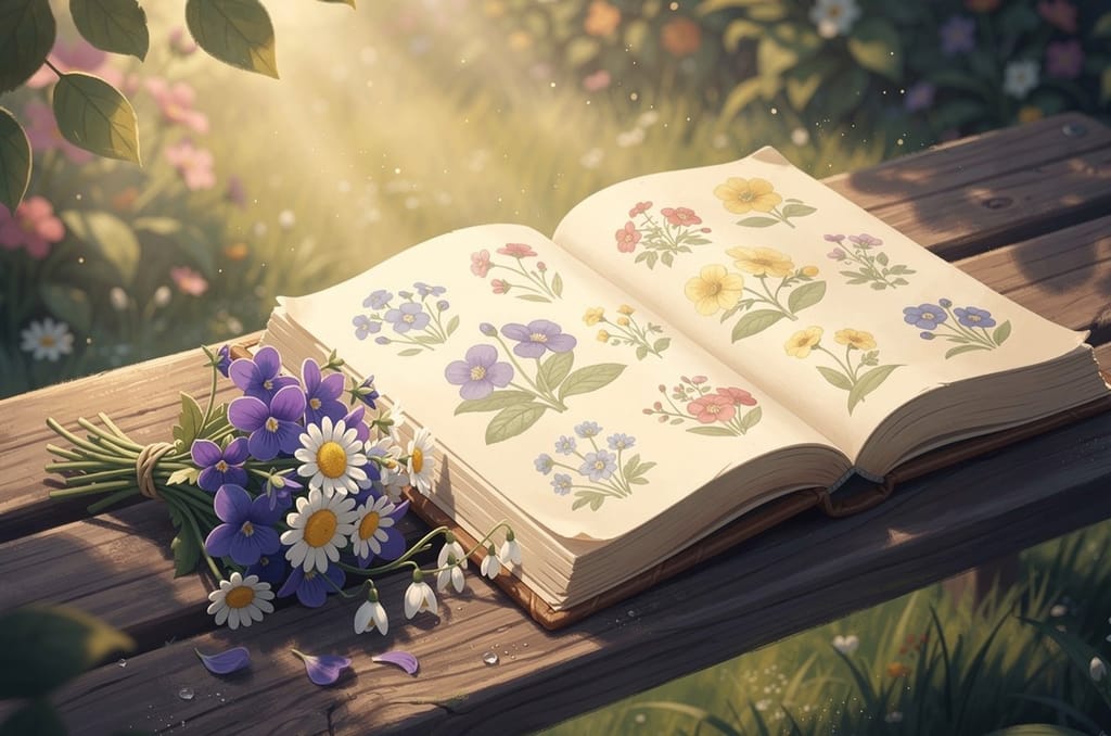 An old botanical flower book lying open on a wooden garden bench beside a small posy of spring flowers