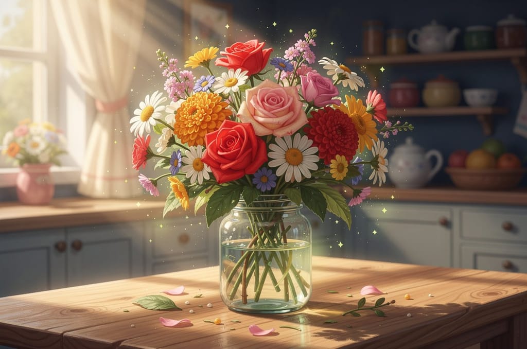 A family birth flower bouquet of roses, daisies, asters and marigolds in a glass jar on a sunlit kitchen table