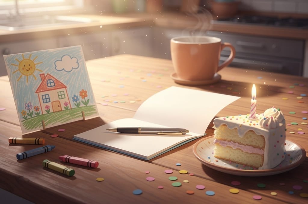 An open birthday card and pen on a sunlit kitchen table beside a slice of cake with one lit candle, crayons and a child's crayon drawing of a house