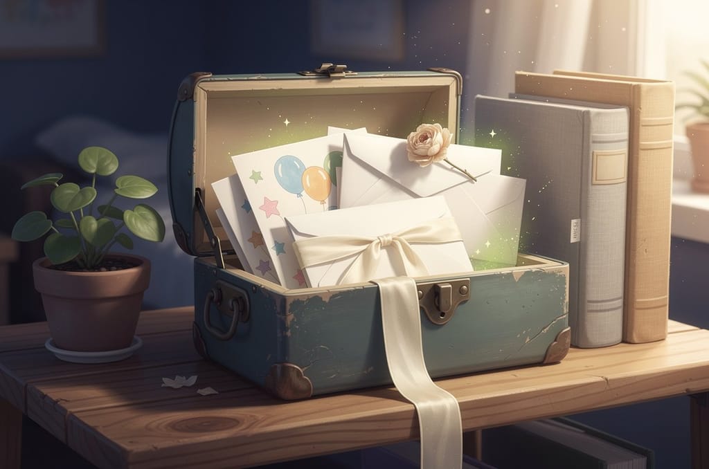 An open keepsake box of saved birthday cards and ribbon-tied envelopes with a dried rose, on a wooden shelf beside a potted plant and books