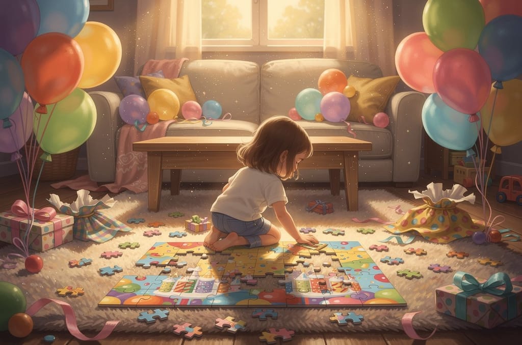 A girl seen from behind kneeling beside a half-finished jigsaw puzzle of a confetti-filled birthday party, with balloons and torn wrapping paper nearby