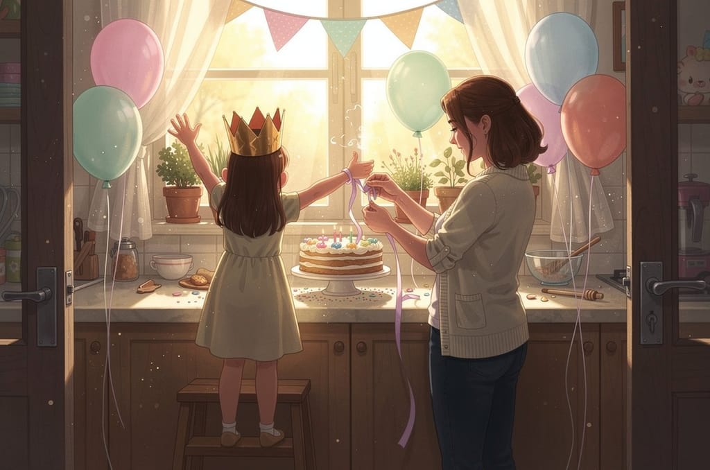 A girl in a gold paper crown, seen from behind on a step stool, throws her arms up as her aunt ties a pastel balloon ribbon to her wrist in a sunny kitchen decorated for a birthday