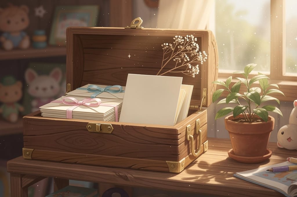 An open wooden keepsake box on a sunlit shelf holding ribbon-tied bundles of saved birthday cards and envelopes, with a sprig of dried flowers and a potted plant beside it