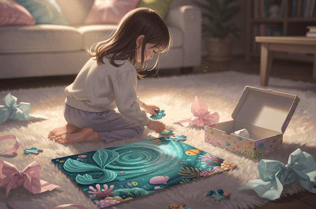 A girl kneeling on a living-room rug fitting a piece into a half-built jigsaw puzzle of a turquoise mermaid lagoon, with torn pastel wrapping paper and an open gift box beside her