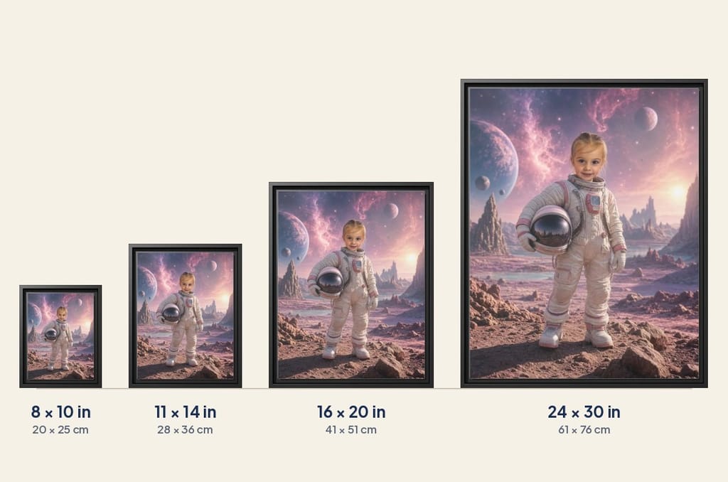 Four framed canvases of the same child astronaut portrait at true relative scale: 8 by 10, 11 by 14, 16 by 20 and 24 by 30 inches