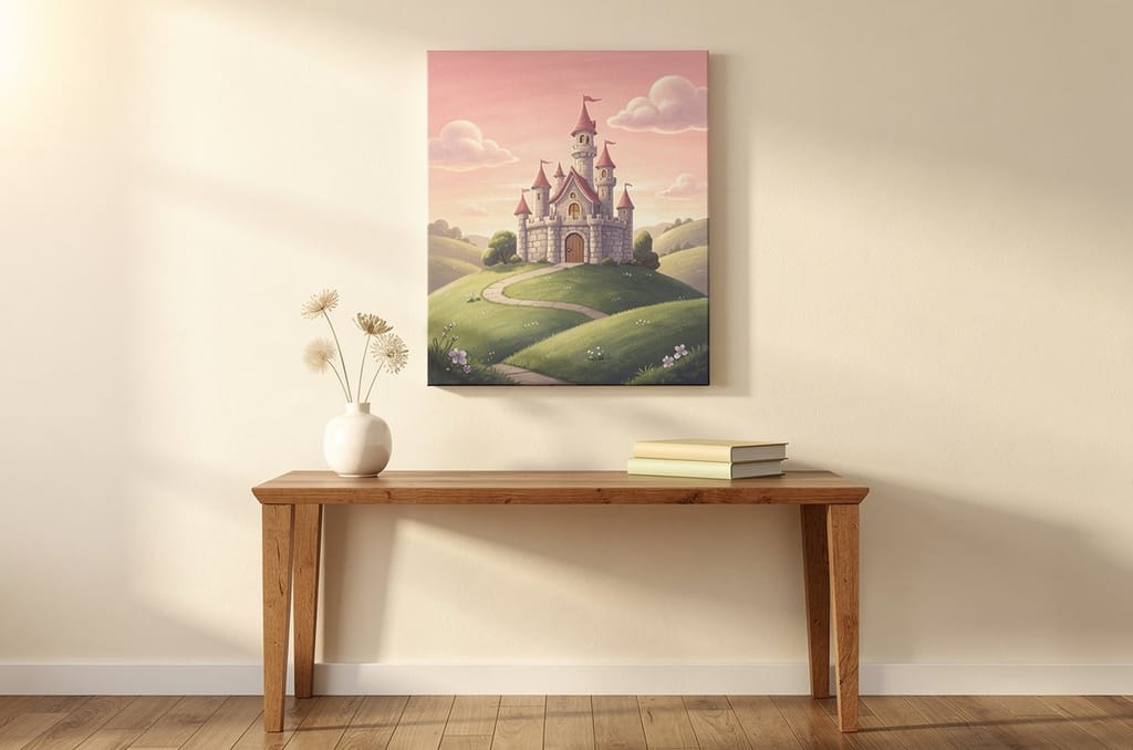 A portrait-orientation gallery-wrapped canvas of a storybook castle hanging on a cream wall above a wooden console table, canvas sizes