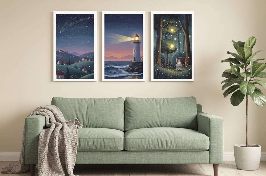Three same-size portrait prints in white frames hung in an evenly spaced row above a green sofa