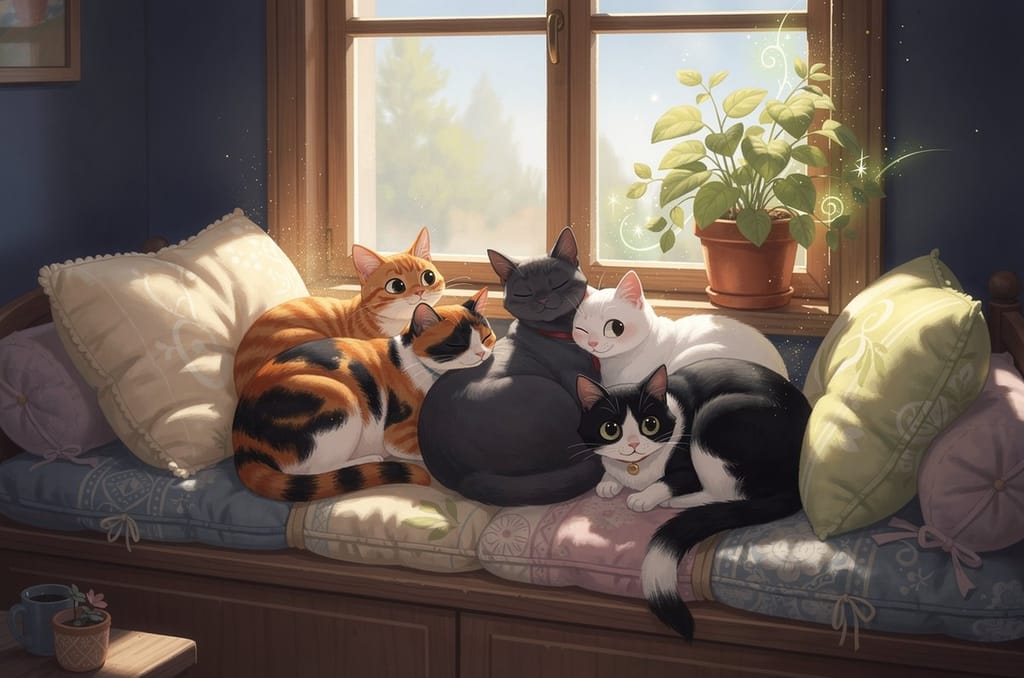 An orange tabby, a calico, a gray cat, a white cat and a black-and-white tuxedo cat curled up together on a sunny window seat with cushions