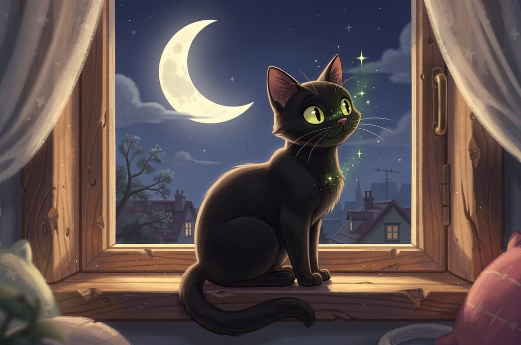 A black cat sitting on a moonlit windowsill beside a crescent moon and a scatter of stars, its yellow-green eyes bright