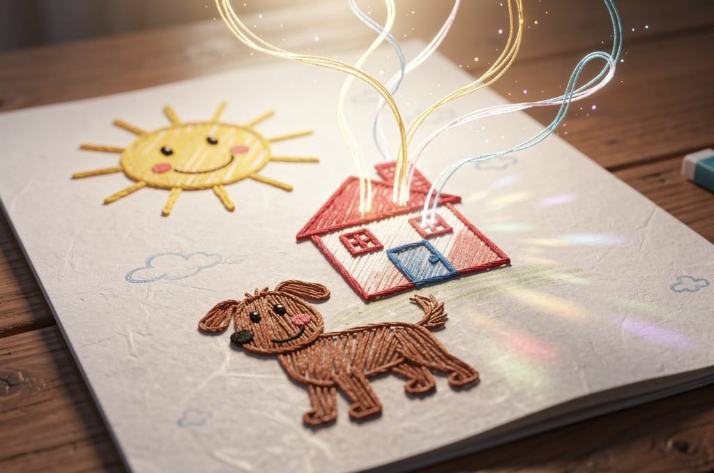 A child's crayon drawing of a sun, house and dog with its lines lifting off the paper into glowing embroidery thread