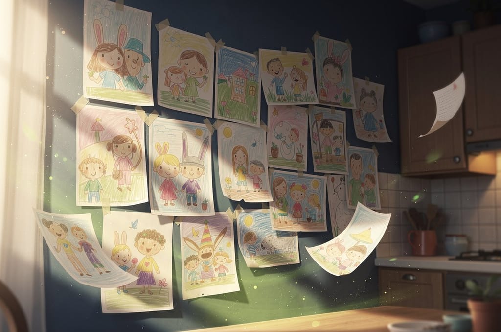 A kitchen wall layered with overlapping children's crayon drawings pinned in rows