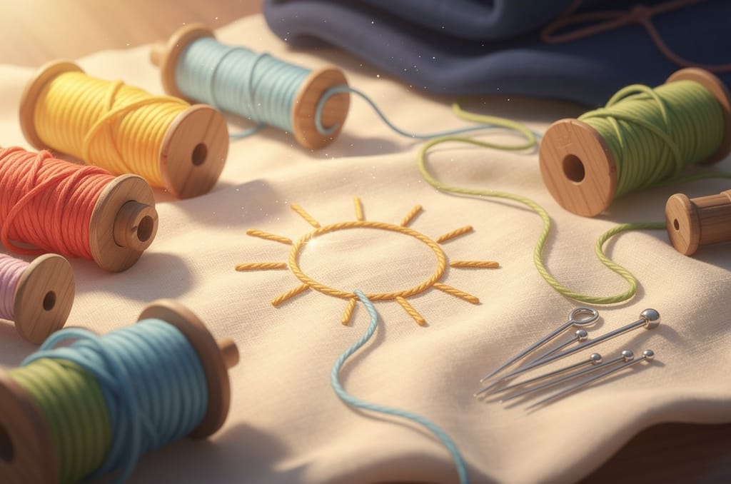 Close view of colored embroidery threads and wooden spools with stitches forming a simple childlike sun outline