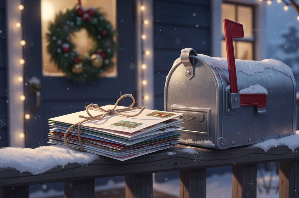 A stack of stamped Christmas card envelopes tied with twine beside a snowy front-porch mailbox with its flag raised