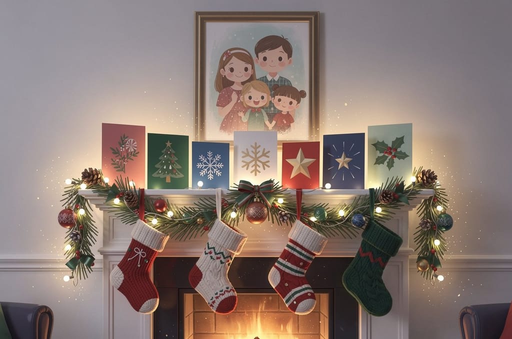 A mantel lined with standing Christmas cards and stockings, with a framed painted family portrait hanging above it
