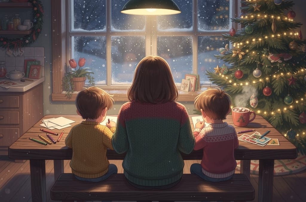A parent and two children seen from behind at a kitchen table writing Christmas card messages by a snowy window, with a lit Christmas tree beside them