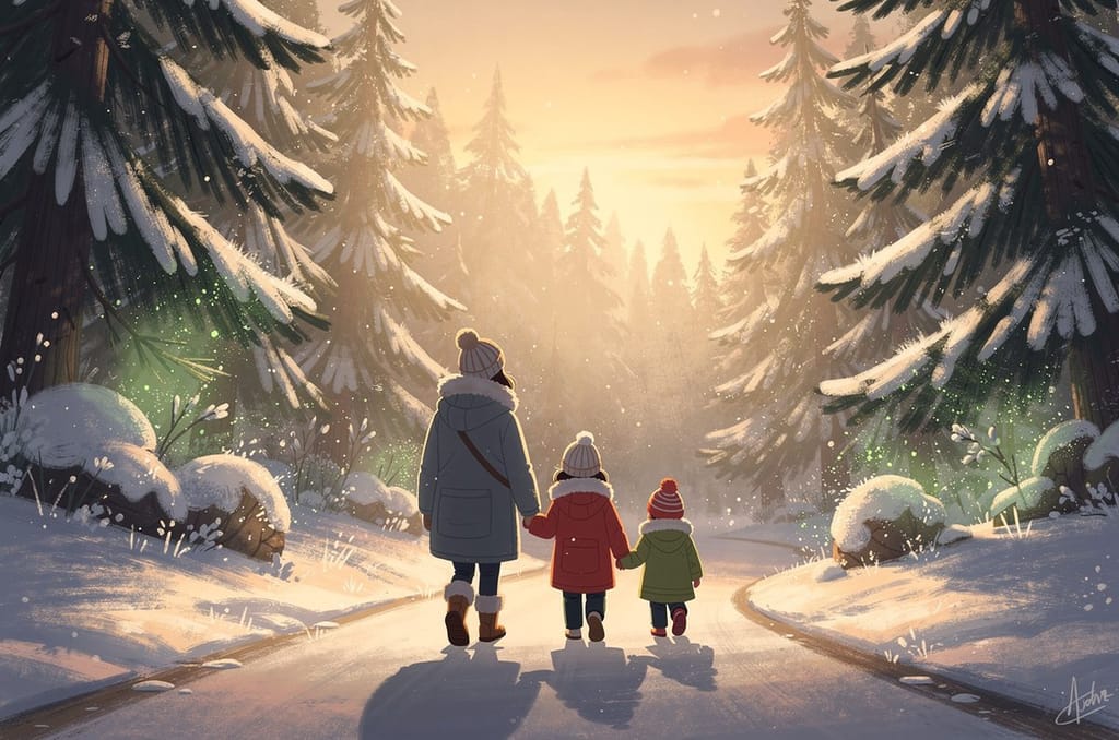 A family walking down a snow-dusted evergreen lane at golden hour for an outdoor Christmas card photo