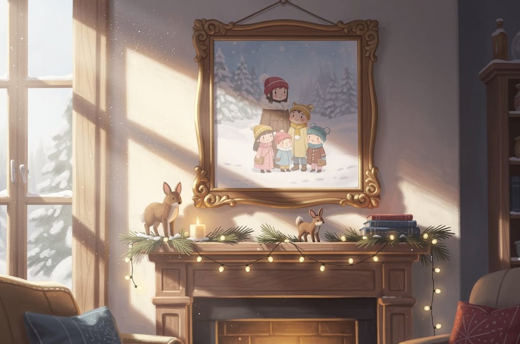 A framed family portrait hanging on a living room wall beside a decorated mantel