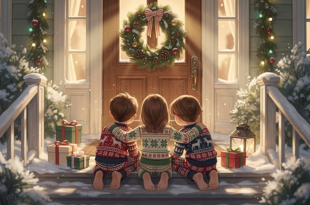 Children in matching holiday pajamas on a decorated front step, a Christmas card photo idea