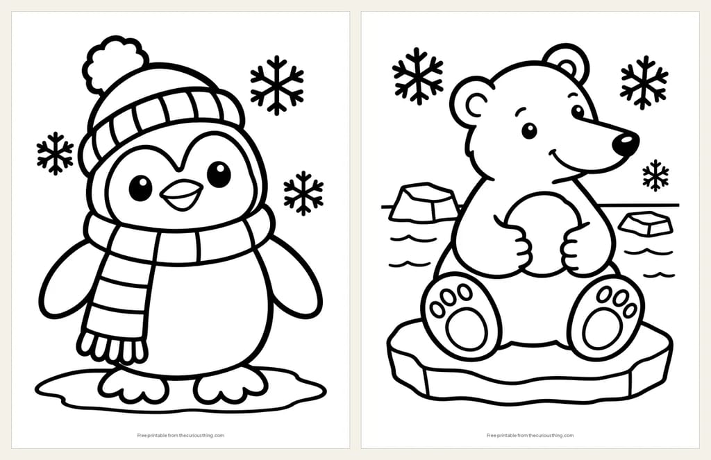 Two easy winter animal coloring pages: a penguin in a scarf and knitted hat, and a polar bear cub holding a snowball on the sea ice