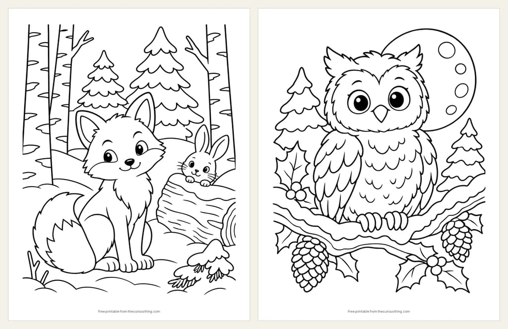 Two winter animal coloring pages: a fox in the snowy woods with a rabbit peeking out, and an owl on a snowy branch with pinecones