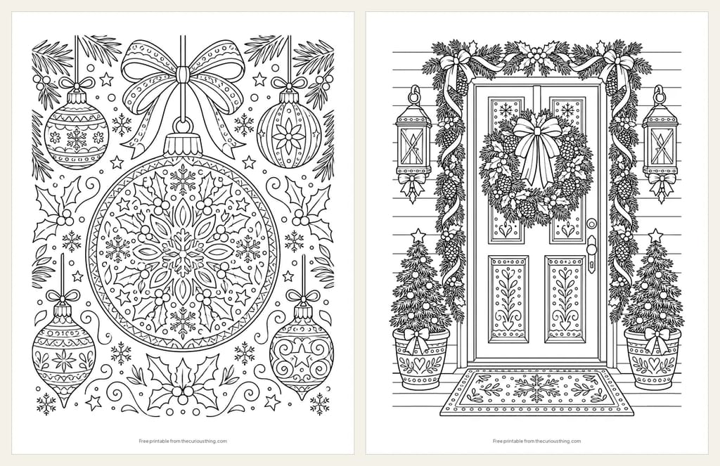 Two detailed Christmas coloring pages: a large ornament filled with a mandala pattern, and a front door decorated with a wreath, garland and lanterns