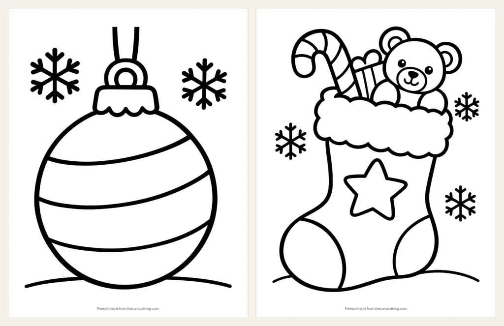 Two easy Christmas coloring pages: one big striped ornament, and a Christmas stocking with a candy cane and a teddy bear peeking out