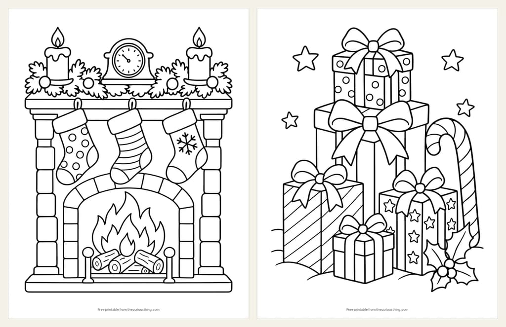 Two Christmas coloring pages: three stockings on a fireplace mantel with candles and a clock, and a tall pile of wrapped presents