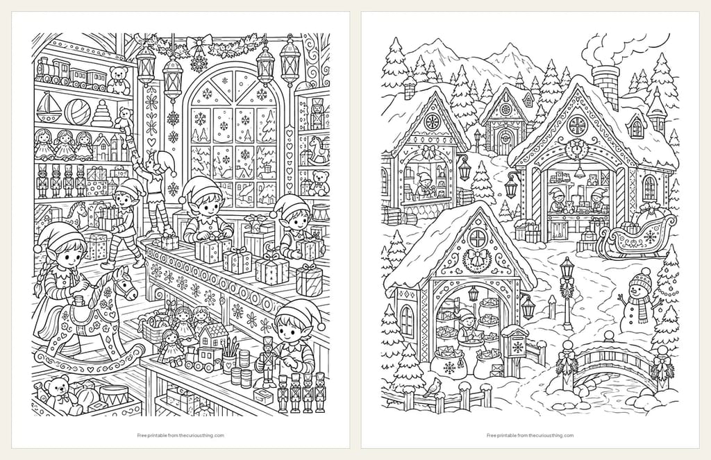 Two detailed elf coloring pages: a busy toy workshop full of elves and shelves of toys, and a snowy North Pole village of wooden workshops